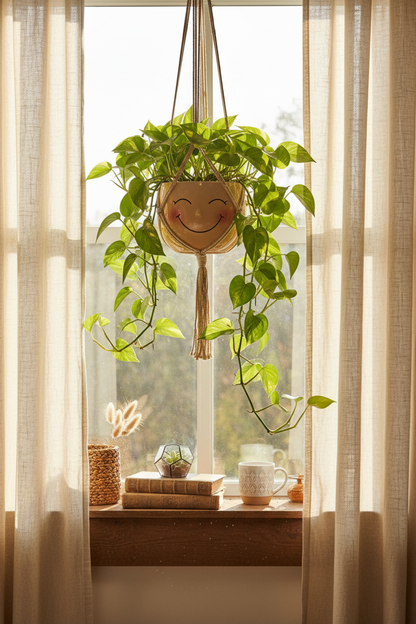 Smiling face ceramic hanging planter with trailing pothos on a sunny boho windowsill