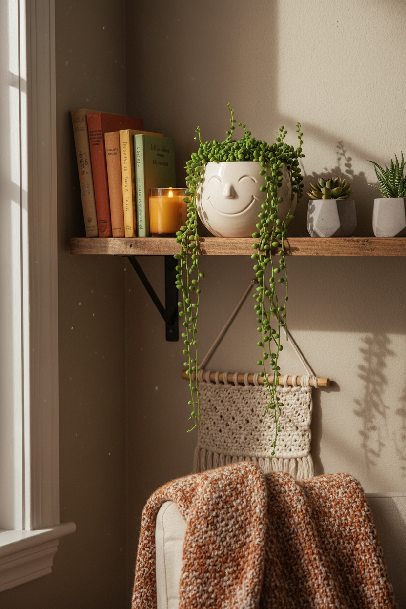 Smiling face ceramic hanging planter with trailing plant on a cozy wooden shelf
